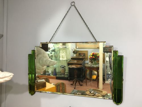 ART DECO ORIGINAL WALL MIRROR WITH GREEN GEOMETRIC PANELS C1930 - ADDITIONAL PHOTO 3
