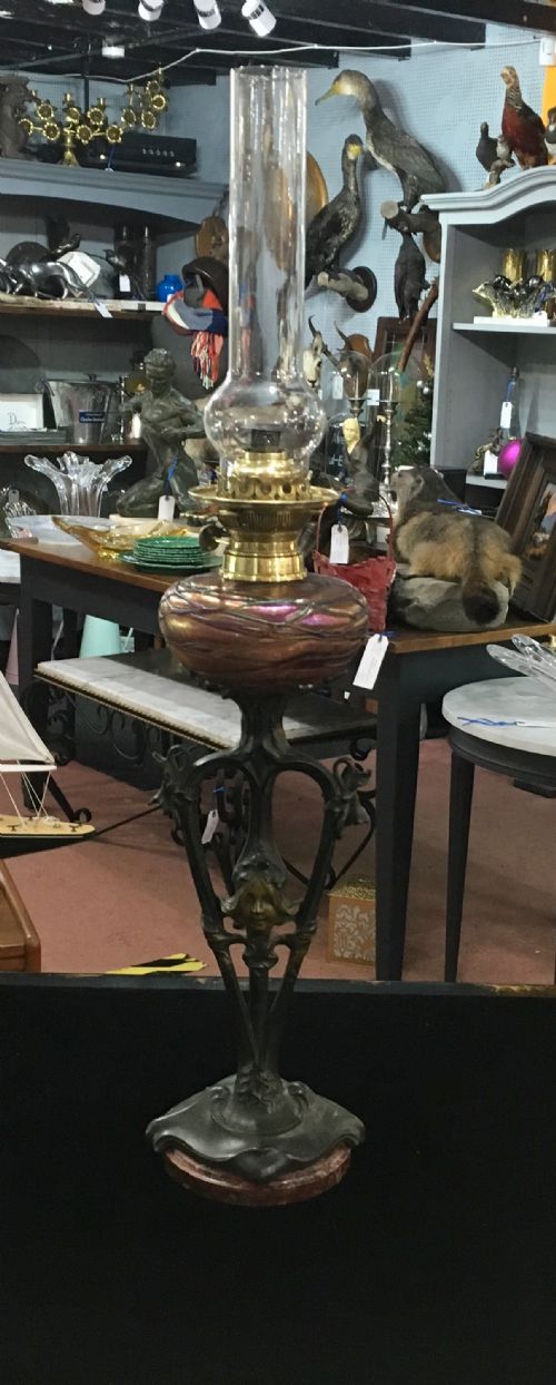loetz oil lamp with base by a fery c 1900 - CATEGORY: ANTIQUE LIGHTING - DATED 1900