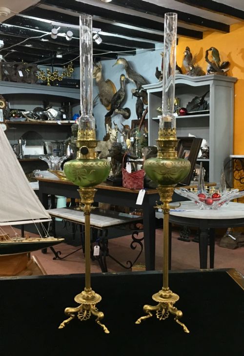 pair of oil lamps on barbedienne candlesticks c1900 - CATEGORY: ANTIQUE LIGHTING - DATED 1900