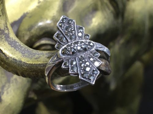 Art Deco 1920-30s Marcasite on Silver Ring Marked  “Silver”