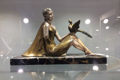 henri enrique balleste orginal art deco lady and peacock signed c192030 - CATEGORY: ANTIQUE METAL - DATED 1920