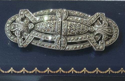 art deco 1930s duette brooch dress clips marcasite on silver tone - CATEGORY: ANTIQUE LIGHTING - DATED 1930