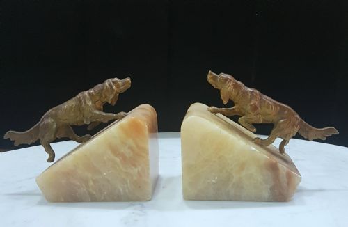 cold painted setter dogs bookends on onyx bases 1920s - CATEGORY: ANTIQUE MISCELLANEOUS - DATED 1920