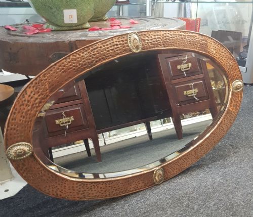arts crafts copper oval over mantel mirror c1900 1910 with brass features - CATEGORY: ANTIQUE MIRRORS - DATED 1900