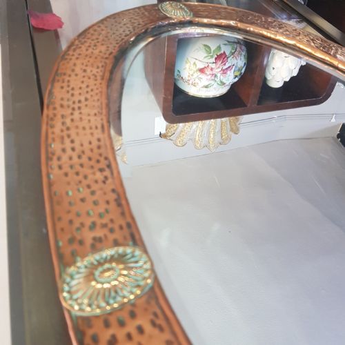 ARTS CRAFTS COPPER OVAL OVER MANTEL MIRROR C1900 1910 WITH BRASS FEATURES - ADDITIONAL PHOTO 4