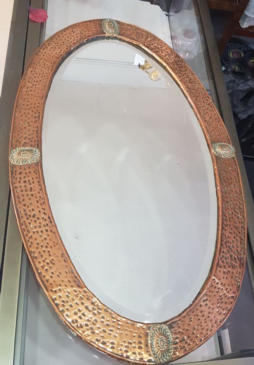 ARTS CRAFTS COPPER OVAL OVER MANTEL MIRROR C1900 1910 WITH BRASS FEATURES - ADDITIONAL PHOTO 5