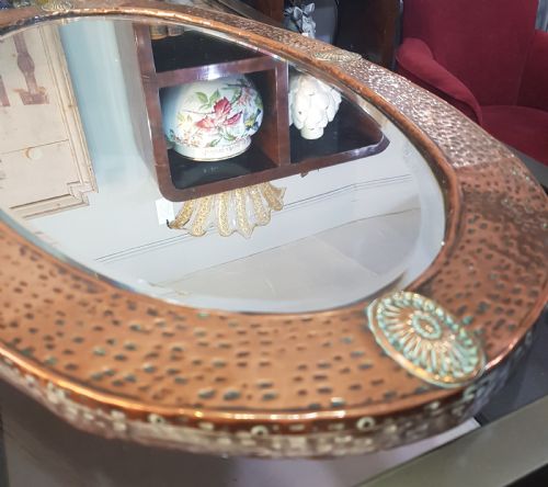 ARTS CRAFTS COPPER OVAL OVER MANTEL MIRROR C1900 1910 WITH BRASS FEATURES - ADDITIONAL PHOTO 6