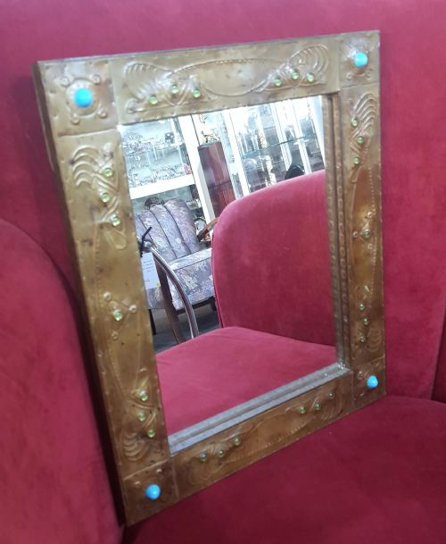 ARTS CRAFTS TURQUOISE GREEN STONE CABOCHON STUDDED BUTTERFLY WING MIRROR - ADDITIONAL PHOTO 4