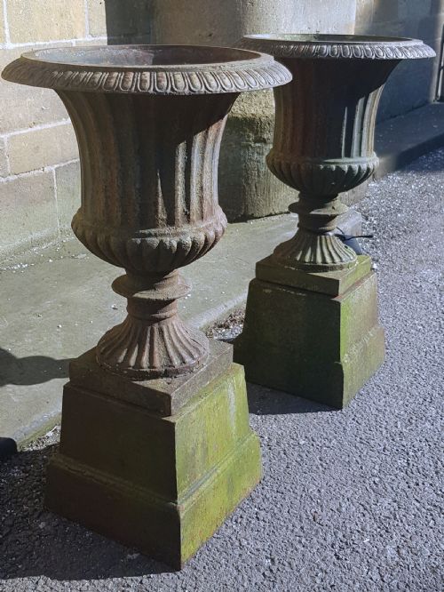 pair victorian cast iron garden urns on original plinths - CATEGORY: ANTIQUE METAL - DATED VICTORIAN