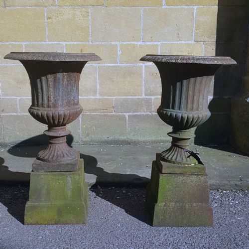 PAIR VICTORIAN CAST IRON GARDEN URNS ON ORIGINAL PLINTHS - ADDITIONAL PHOTO 1
