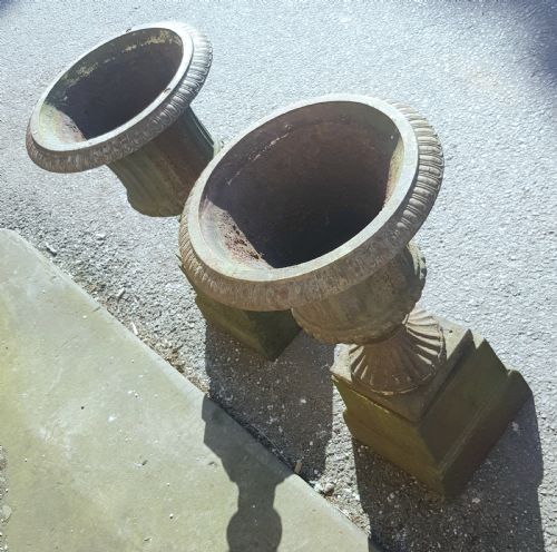 PAIR VICTORIAN CAST IRON GARDEN URNS ON ORIGINAL PLINTHS - ADDITIONAL PHOTO 2
