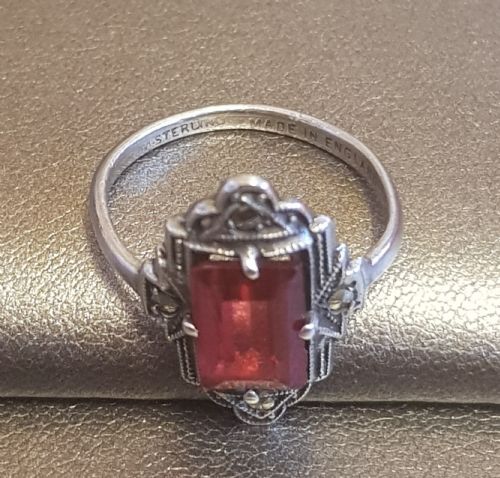 ART DECO SILVER MARCASITE PINK TOURMALINE PASTE RING SIZE K - ADDITIONAL PHOTO 2