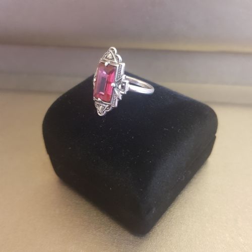 ART DECO SILVER MARCASITE PINK TOURMALINE PASTE RING SIZE K - ADDITIONAL PHOTO 6