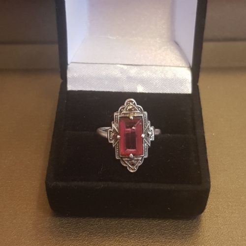 ART DECO SILVER MARCASITE PINK TOURMALINE PASTE RING SIZE K - ADDITIONAL PHOTO 8