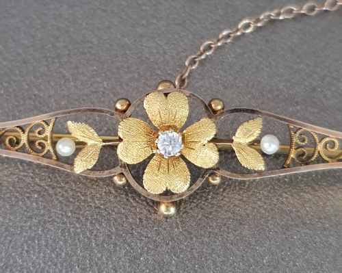 15 CARAT GOLD DIAMOND SEED PEARL BROOCH - ADDITIONAL PHOTO 4