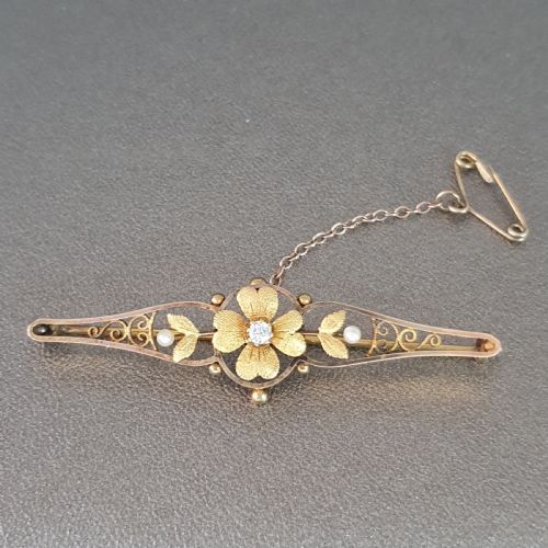 15 CARAT GOLD DIAMOND SEED PEARL BROOCH - ADDITIONAL PHOTO 3