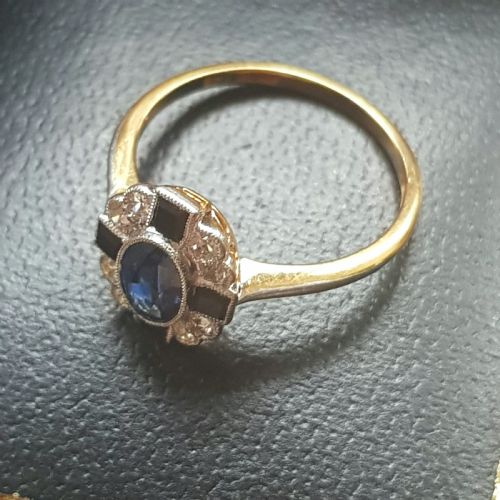 ART DECO SAPPHIRE DIAMOND ONYX ON PLATINUM 18CT GOLD RING SIZE L L - ADDITIONAL PHOTO 2