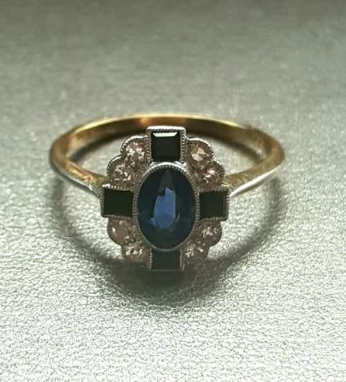 ART DECO SAPPHIRE DIAMOND ONYX ON PLATINUM 18CT GOLD RING SIZE L L - ADDITIONAL PHOTO 3
