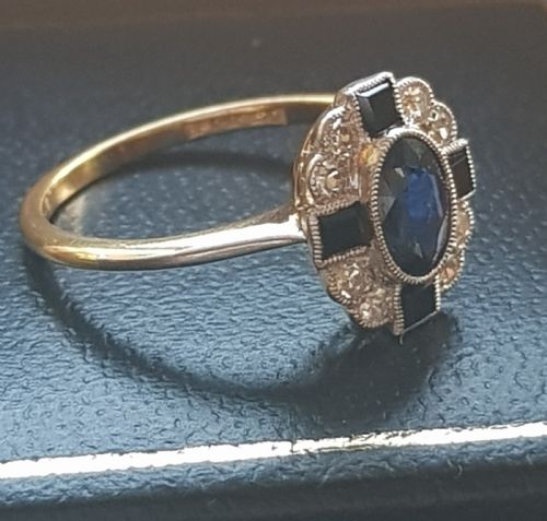 ART DECO SAPPHIRE DIAMOND ONYX ON PLATINUM 18CT GOLD RING SIZE L L - ADDITIONAL PHOTO 4