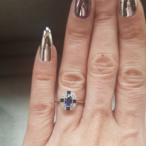 ART DECO SAPPHIRE DIAMOND ONYX ON PLATINUM 18CT GOLD RING SIZE L L - ADDITIONAL PHOTO 5