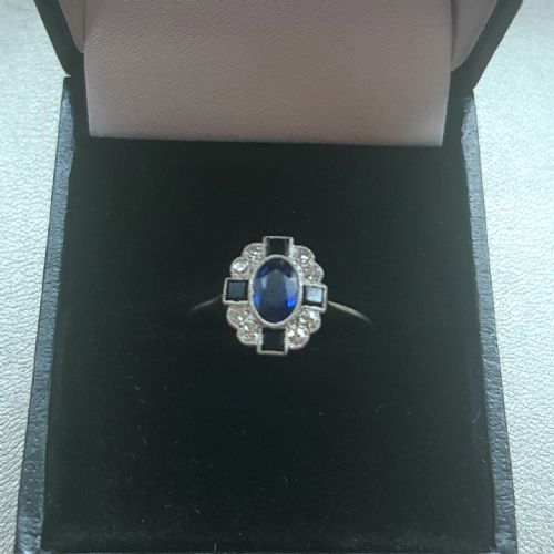 ART DECO SAPPHIRE DIAMOND ONYX ON PLATINUM 18CT GOLD RING SIZE L L - ADDITIONAL PHOTO 6