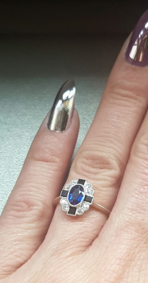 ART DECO SAPPHIRE DIAMOND ONYX ON PLATINUM 18CT GOLD RING SIZE L L - ADDITIONAL PHOTO 8