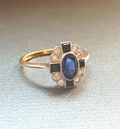 ART DECO SAPPHIRE DIAMOND ONYX ON PLATINUM 18CT GOLD RING SIZE L L - ADDITIONAL PHOTO 9