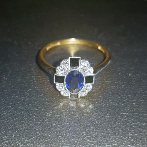 ART DECO SAPPHIRE DIAMOND ONYX ON PLATINUM 18CT GOLD RING SIZE L L - ADDITIONAL PHOTO 11