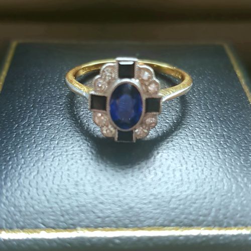 ART DECO SAPPHIRE DIAMOND ONYX ON PLATINUM 18CT GOLD RING SIZE L L - ADDITIONAL PHOTO 12