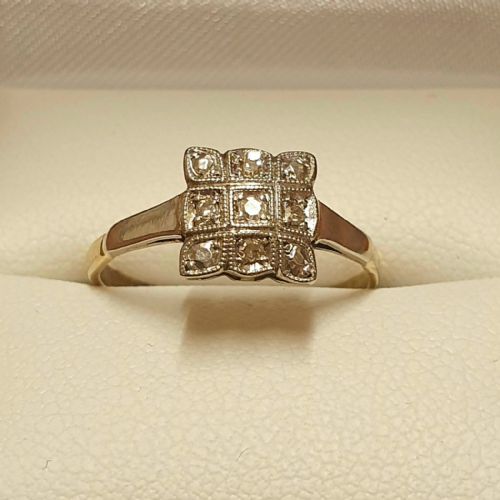 art deco 9 diamond on platinum gold square ring size o - CATEGORY: ANTIQUE JEWELLERY - DATED 1920