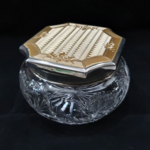gold guilloche on sterling london 1915 glass powder bowl - CATEGORY: ANTIQUE SILVER - DATED EDWARDIAN