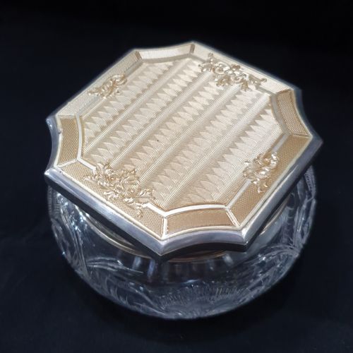 GOLD GUILLOCHE ON STERLING LONDON 1915 GLASS POWDER BOWL - ADDITIONAL PHOTO 1