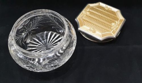 GOLD GUILLOCHE ON STERLING LONDON 1915 GLASS POWDER BOWL - ADDITIONAL PHOTO 3
