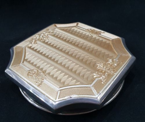 GOLD GUILLOCHE ON STERLING LONDON 1915 GLASS POWDER BOWL - ADDITIONAL PHOTO 5