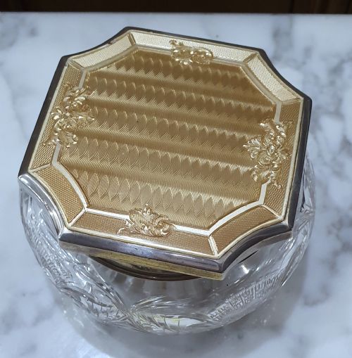 GOLD GUILLOCHE ON STERLING LONDON 1915 GLASS POWDER BOWL - ADDITIONAL PHOTO 8