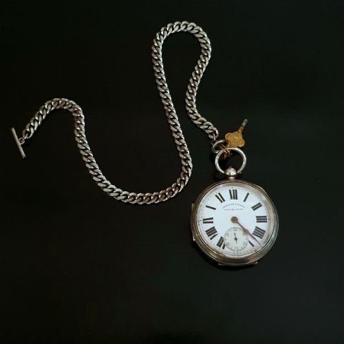 improved patent silver pocket watch 1906 chester on sterling t bar chain - CATEGORY: ANTIQUE WATCHES - DATED EDWARDIAN