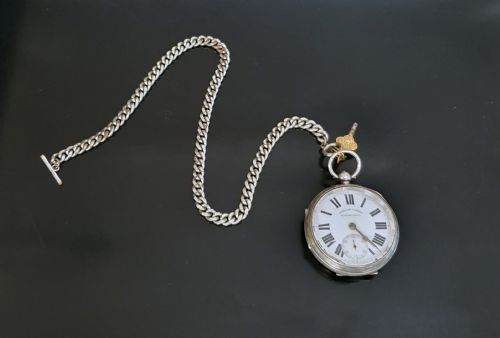 IMPROVED PATENT SILVER POCKET WATCH 1906 CHESTER ON STERLING T BAR CHAIN - ADDITIONAL PHOTO 3
