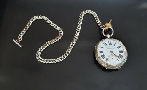 IMPROVED PATENT SILVER POCKET WATCH 1906 CHESTER ON STERLING T BAR CHAIN - ADDITIONAL PHOTO 8