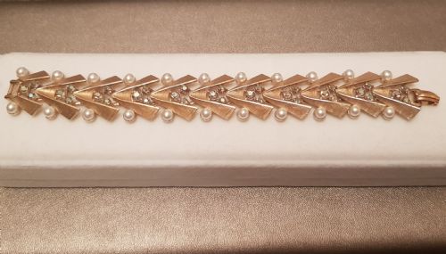 1940S 50S BRUSHED GOLD PLATED AURORA BOREALIS CRYSTAL CULTURED PEARL BRACELET IN ART DECO STYLE - ADDITIONAL PHOTO 2