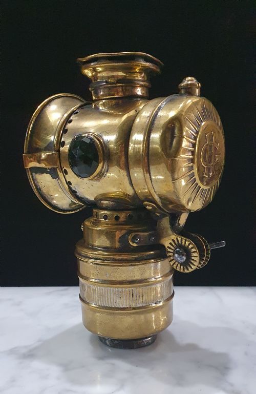 VINTAGE C1930 BRASS LAMP WITH GREEN FACETED STONE SIDES - ADDITIONAL PHOTO 1