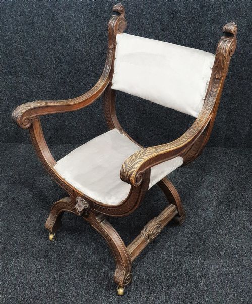 victorian carved oak x framed armchair on casters reupholstered in ice blue grey velvet - CATEGORY: ANTIQUE CHAIRS - DATED 1890