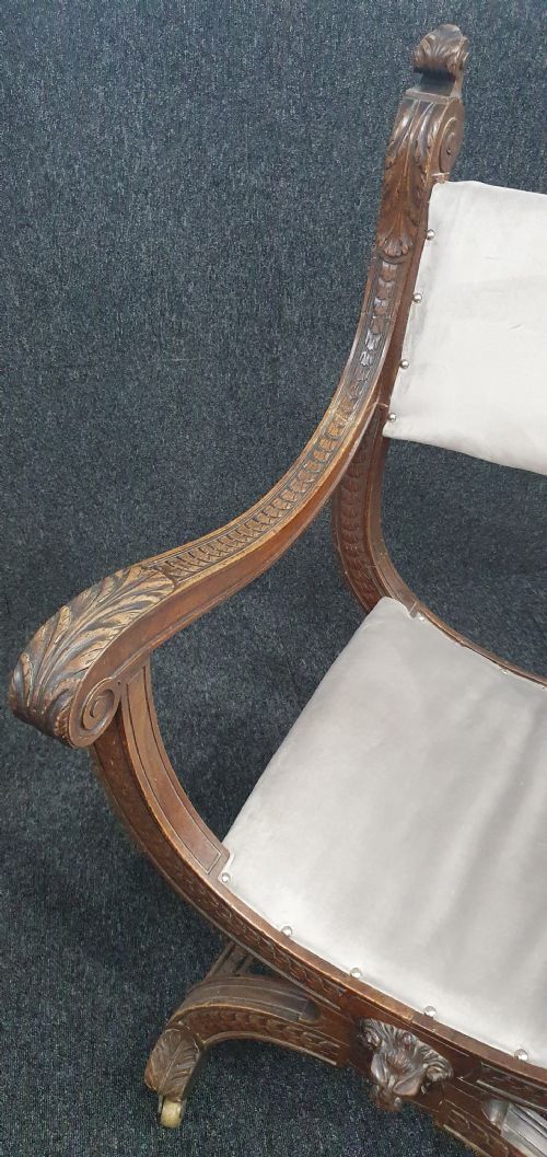 VICTORIAN CARVED OAK X FRAMED ARMCHAIR ON CASTERS REUPHOLSTERED IN ICE BLUE GREY VELVET - ADDITIONAL PHOTO 2