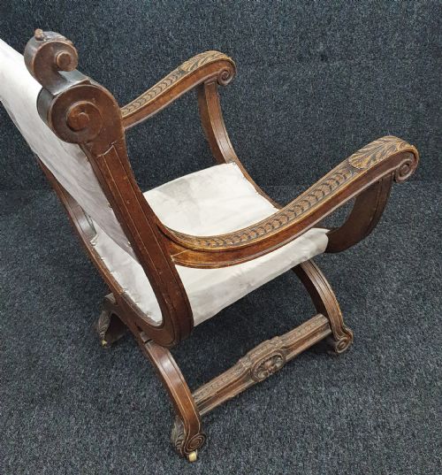 VICTORIAN CARVED OAK X FRAMED ARMCHAIR ON CASTERS REUPHOLSTERED IN ICE BLUE GREY VELVET - ADDITIONAL PHOTO 3