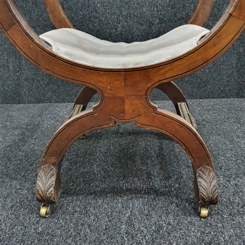 VICTORIAN CARVED OAK X FRAMED ARMCHAIR ON CASTERS REUPHOLSTERED IN ICE BLUE GREY VELVET - ADDITIONAL PHOTO 4