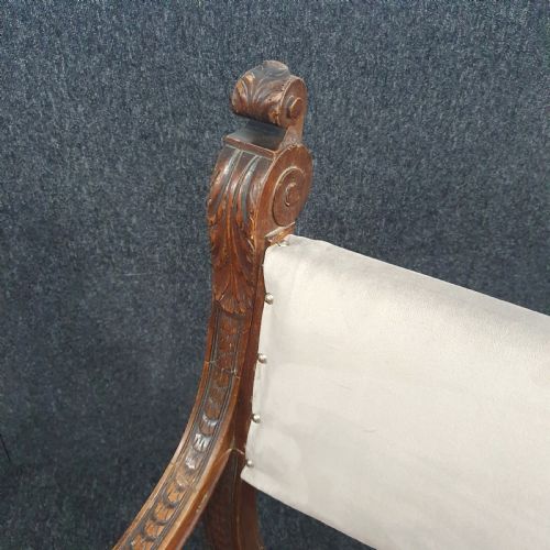 VICTORIAN CARVED OAK X FRAMED ARMCHAIR ON CASTERS REUPHOLSTERED IN ICE BLUE GREY VELVET - ADDITIONAL PHOTO 1