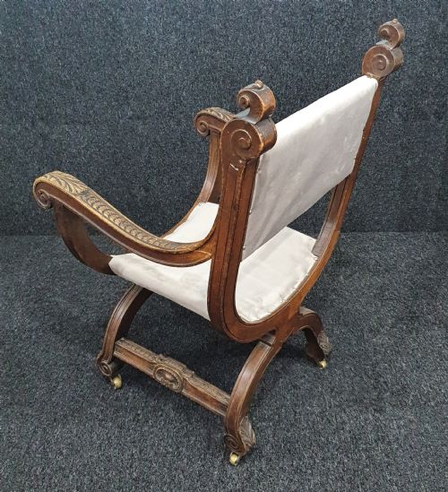 VICTORIAN CARVED OAK X FRAMED ARMCHAIR ON CASTERS REUPHOLSTERED IN ICE BLUE GREY VELVET - ADDITIONAL PHOTO 6