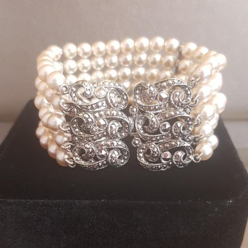 vintage 1950s art deco style marcasite on 5strand faux pearl bracelet - CATEGORY: ANTIQUE JEWELLERY - DATED 1950