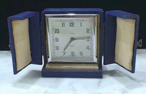 Art Deco Smiths Travel Alarm Clock Blue Leather Case C.1930