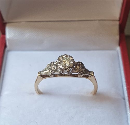 art deco old cut octagonal diamond 18 ct gold ring crescent diamonds shoulders c1935 size n - CATEGORY: ANTIQUE JEWELLERY - DATED 1930