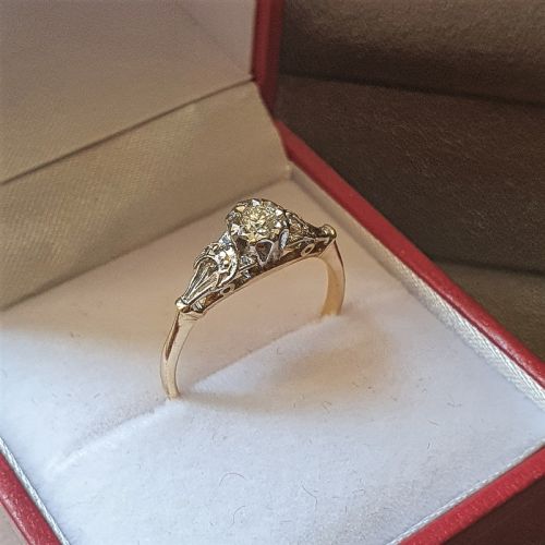 ART DECO OLD CUT OCTAGONAL DIAMOND 18 CT GOLD RING CRESCENT DIAMONDS SHOULDERS C1935 SIZE N - ADDITIONAL PHOTO 6